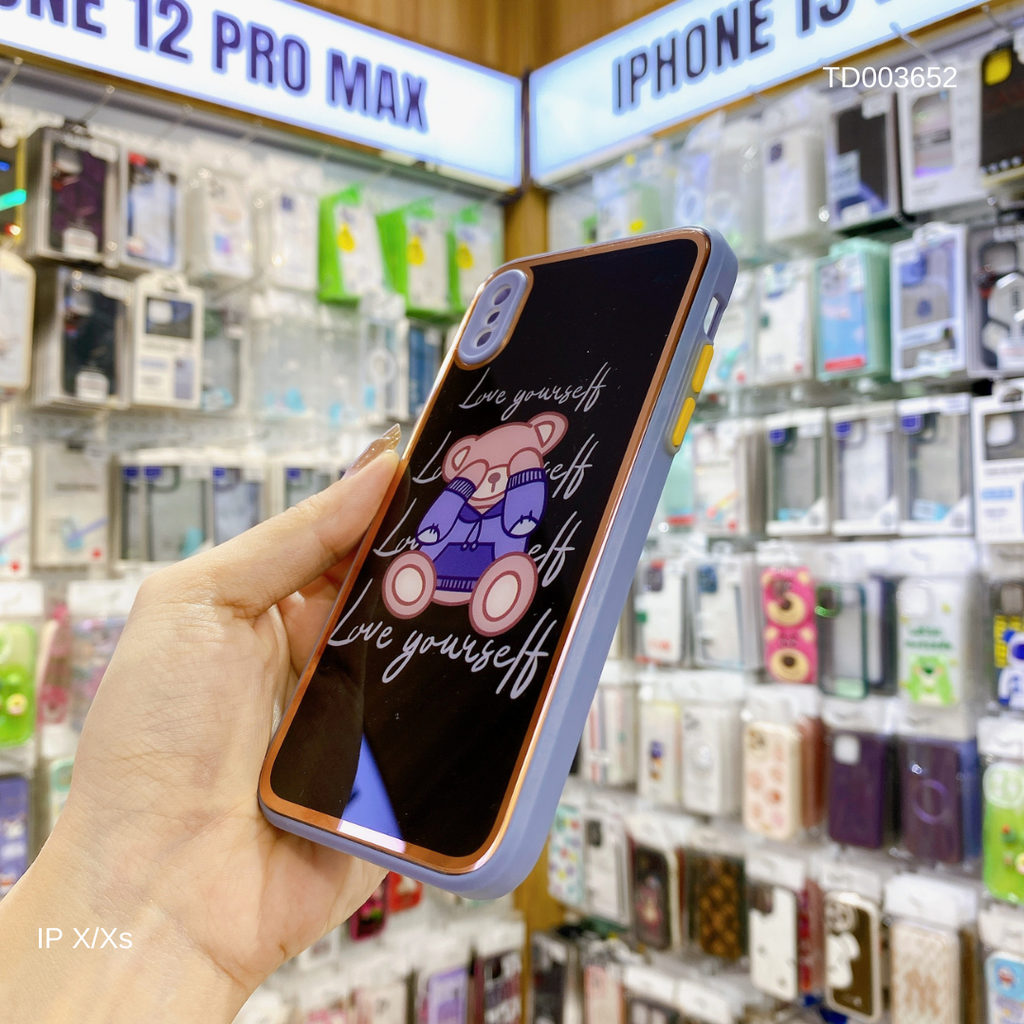 Ốp IP X Gấu che mắt Love yourself lưng kính viền xi