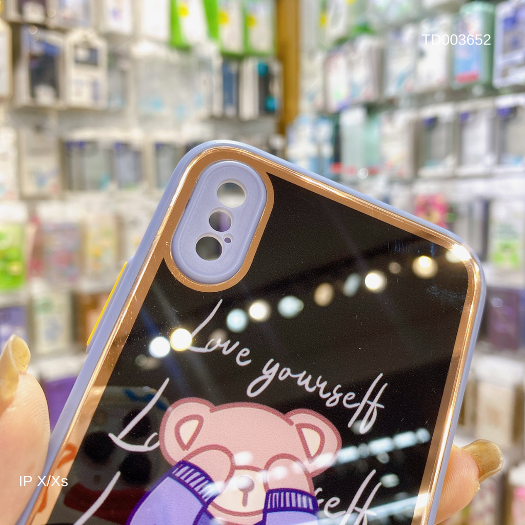 Ốp IP X Gấu che mắt Love yourself lưng kính viền xi