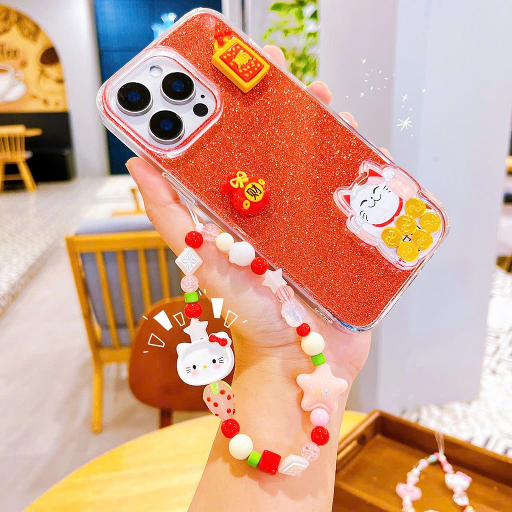 ** Dây đeo chuỗi hạt mặt Kitty nơ hồng