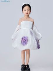 Váy công chúa bé gái trễ vai tay bồng hoạ tiết hoa tím màu trắng Huyên Thảo Dress - Eunoia By AN