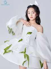 Váy công chúa bé gái tay bồng trễ vai đính hoa thủ công màu trắng Tỷ Ngọc Dress - Eunoia By AN