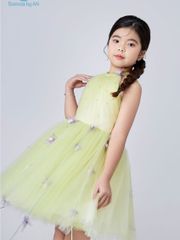 Váy công chúa bé gái cổ yếm voan bồng xoè đính hoa tím trên nền vàng ấm áp Phong Điệp Dress - Eunoia By AN