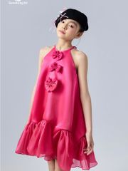 Váy baby doll bé gái cổ yếm đính nơ đuôi bèo nhún màu hồng Giang Khánh Dress - Eunoia By AN