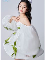 Váy công chúa bé gái tay bồng trễ vai đính hoa thủ công màu trắng Tỷ Ngọc Dress - Eunoia By AN