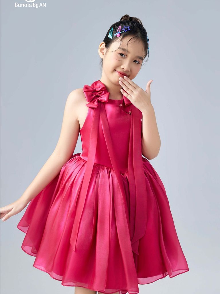 Váy công chúa bé gái vai nơ bồng xoè màu hồng nữ tính Nhã Kiều Dress - Eunoia By AN
