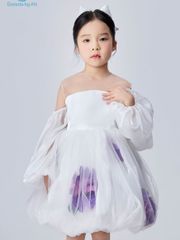 Váy công chúa bé gái trễ vai tay bồng hoạ tiết hoa tím màu trắng Huyên Thảo Dress - Eunoia By AN