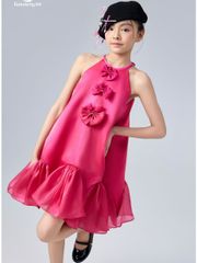 Váy baby doll bé gái cổ yếm đính nơ đuôi bèo nhún màu hồng Giang Khánh Dress - Eunoia By AN