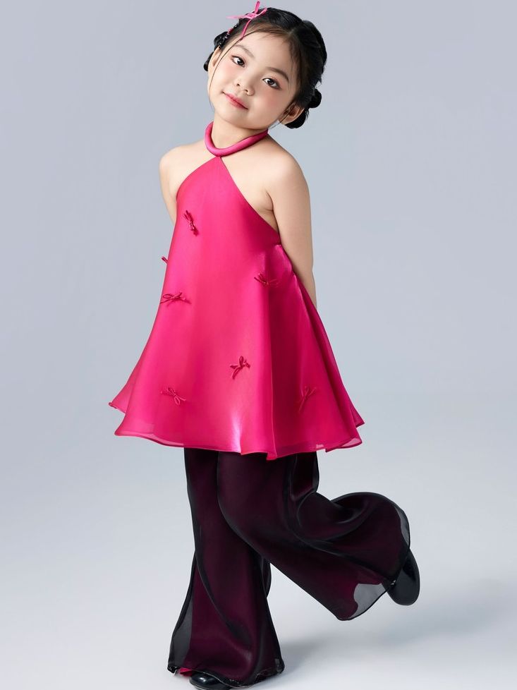 Set áo cổ yếm đình nơ hồng kèm quần ống loe voan đen cho bé gái Tú Thị Set - Eunoia By AN