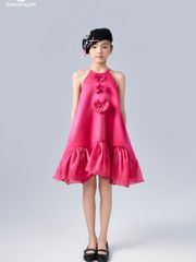 Váy baby doll bé gái cổ yếm đính nơ đuôi bèo nhún màu hồng Giang Khánh Dress - Eunoia By AN