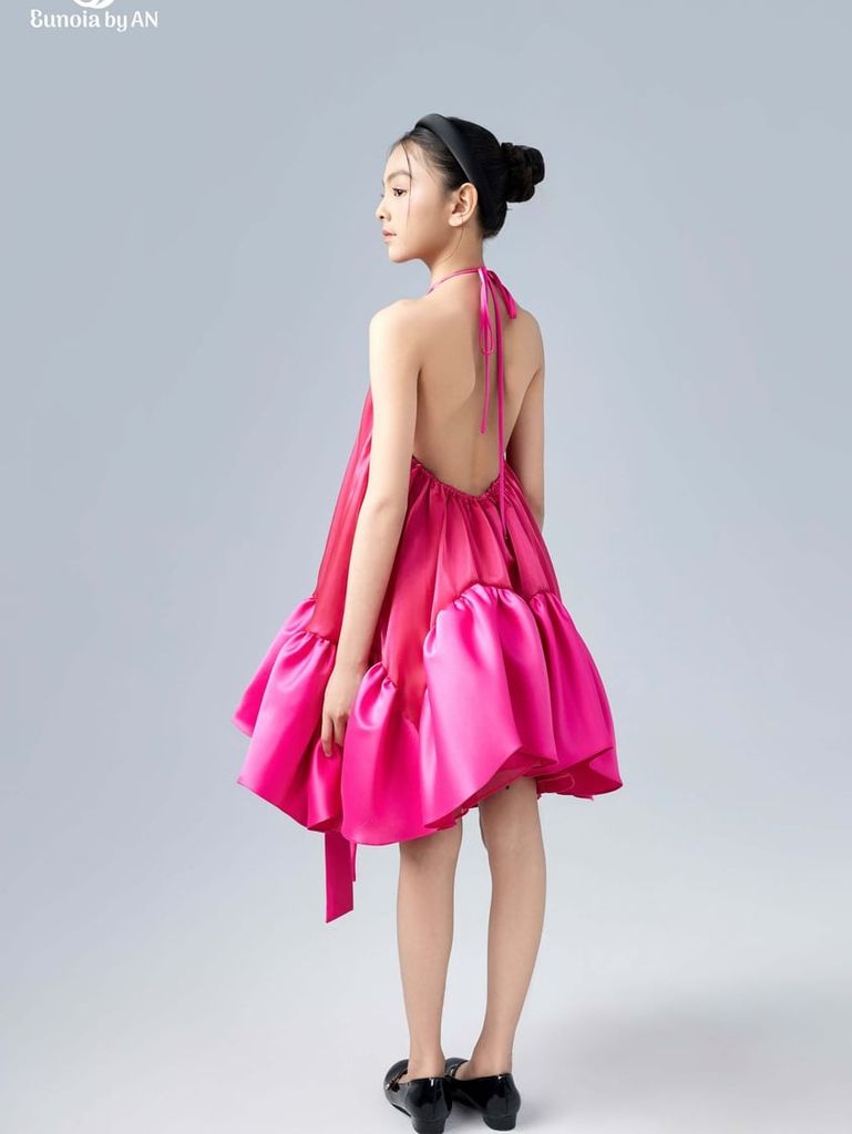 Váy baby doll bé gái cổ tròn điểm nhấn dây nơ màu hồng Bảo Loan Dress - Eunoia By AN