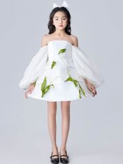 Váy công chúa bé gái tay bồng trễ vai đính hoa thủ công màu trắng Tỷ Ngọc Dress - Eunoia By AN
