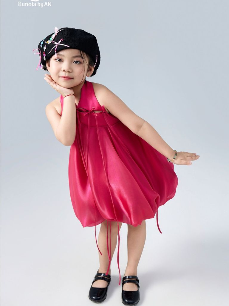 Váy công chúa bé gái dáng quả bí đính nơ nhỏ màu hồng Nguyệt Chân Dress - Eunoia By AN