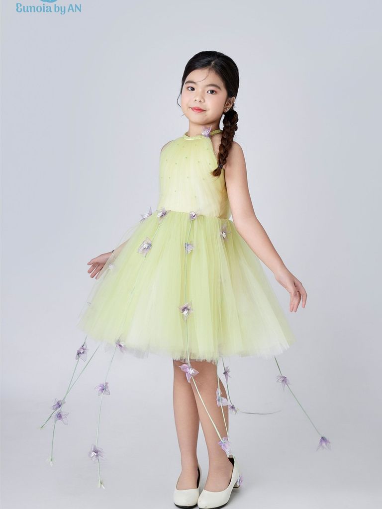 Váy công chúa bé gái cổ yếm voan bồng xoè đính hoa tím trên nền vàng ấm áp Phong Điệp Dress - Eunoia By AN