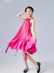 Váy baby doll bé gái cổ tròn điểm nhấn dây nơ màu hồng Bảo Loan Dress - Eunoia By AN