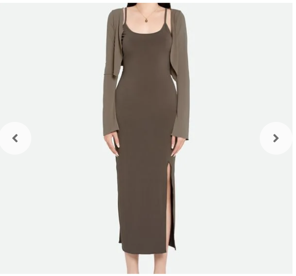 Set đầm 2 dây ôm sát xẻ tà kèm áo khoác tay dài màu nâu đậm size S