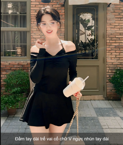 Đầm tay dài trể vai cổ chữ V ngực nhún tay dài màu đen