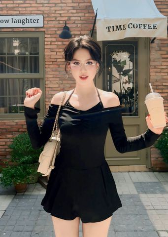 Đầm tay dài trể vai cổ chữ V ngực nhún tay dài