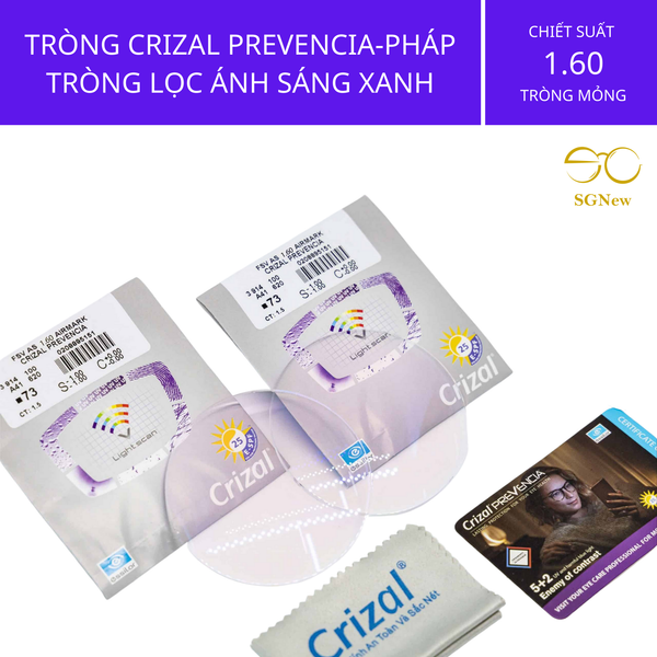  Tròng Kính Mỏng Ngăn Ánh Sáng Xanh Crizal PREVENCIA ESSILOR PHÁP 1.60 