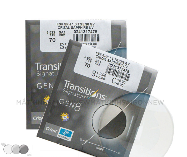  Tròng Kính Đổi Màu Lọc Ánh Sáng Xanh TRANSITIONS GEN8 ESSILOR PHÁP 1.60AS 