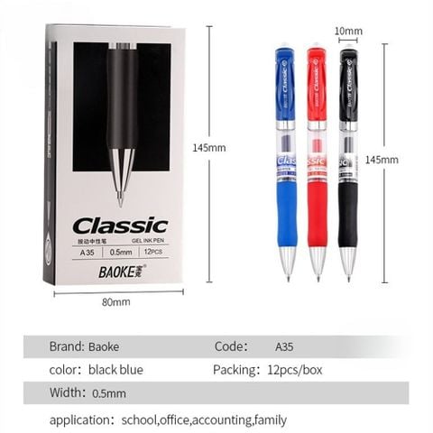  Bút gel 0.5mm Baoke A35 mực xanh/mực đen/mực đỏ/mực tím và Ruột bút thay thế Baoke PS2600 (12 Cây/Hộp) 