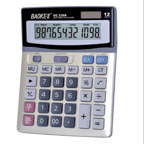  Máy tính tiền số to mặt kim loại sang trọng 2 nguồn pin hiệu Baoke EC2358 sản phẩm chính hãng 