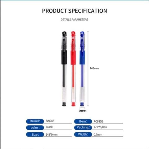  Bút gel cao cấp ngòi 0.7mm ngòi kim Baoke PC880E màu đen, xanh biển, đỏ (12 Cây/Hộp) 