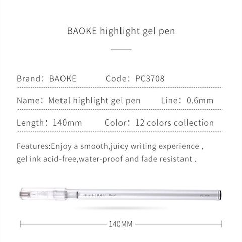  Bút gel nhũ mực nước Baoke 0.6mm PC3708 (12 Cây/vỉ) sản phẩm chính hãng 