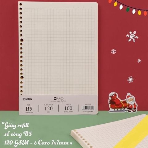  Ruột sổ còng B5 Caro 7x7mm 100 tờ refill sổ còng dày 120gsm Klong MS552 - 26 chấu lỗ sản phẩm chính hãng 