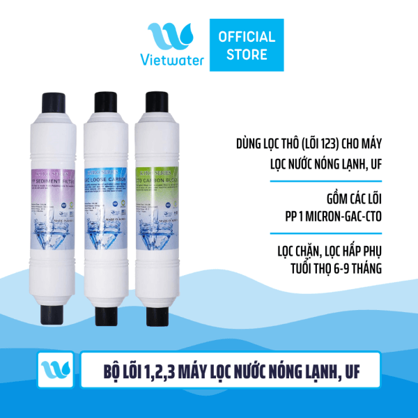  Bộ 3 lõi số 123 máy lọc nước nóng lạnh Kpro Series (lõi PP 1 micron-GAC-CTO) - bộ lõi dùng cho tất cả các máy lọc nước nóng lạnh (Korihome Kangaroo Karofi...) 