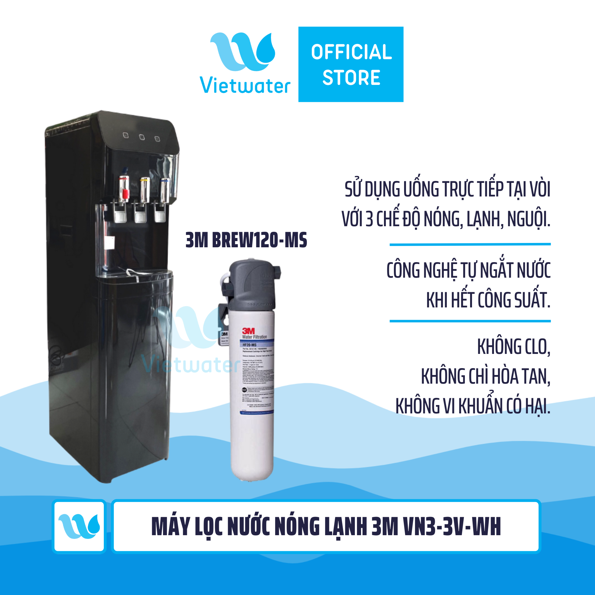  Máy lọc nước 3M VN3-3V - cây lọc nước nóng lạnh 3 chế độ, không nước thải (sử dụng máy 3M Brew120-MS) 