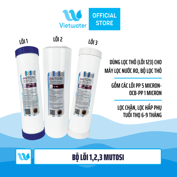  Bộ 3 lõi số 123 máy lọc nước Mutosi (lõi PP 5 micron-OCB-PP 1 micron) - dùng cho tất cả máy lọc nước RO (Kangaroo Karofi Geyser Mutosi Daikiosan Sunhouse) 