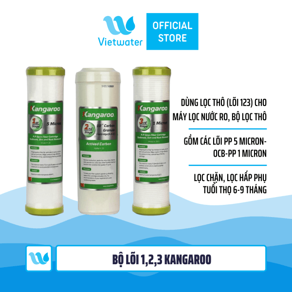  Bộ 3 lõi số 123 máy lọc nước Kangaroo (lõi PP 5 micron-OCB-PP 1 micron) - dùng cho tất cả máy lọc nước RO (Kangaroo Karofi Geyser Mutosi Daikiosan Sunhouse) 