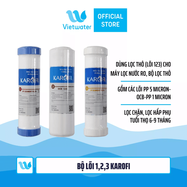  Bộ 3 lõi số 123 máy lọc nước Karofi (lõi PP 5 micron-OCB-PP 1 micron) - dùng cho tất cả máy lọc nước RO (Kangaroo Karofi Geyser Mutosi Daikiosan Sunhouse) 