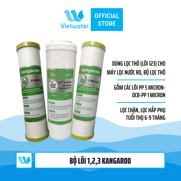  Bộ 3 lõi số 123 máy lọc nước Kangaroo (lõi PP 5 micron-OCB-PP 1 micron) - dùng cho tất cả máy lọc nước RO (Kangaroo Karofi Geyser Mutosi Daikiosan Sunhouse) 