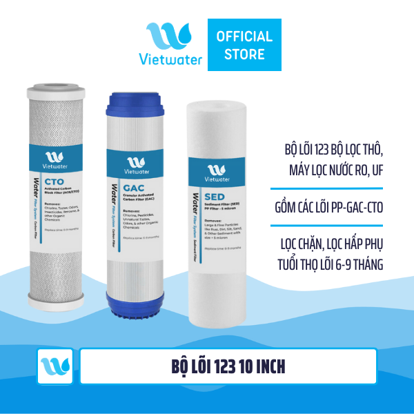  Bộ lõi thô 123 10 inch Vietwater – bộ lõi 123 10 inch (PP-UDF-CTO) dùng cho máy lọc nước UF/RO, bộ lọc thô 