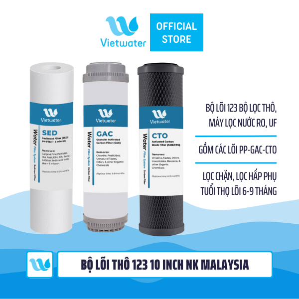  Bộ lõi thô 123 10 inch Vietwater NK (made in Malaysia) (PP-UDF-CTO) - lõi UDF Resin 10 inch Vietwater NK (made in Malaysia) dùng cho máy lọc nước UF/RO, bộ lọc thô 
