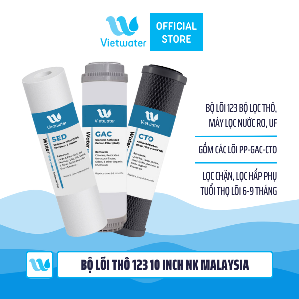  Bộ lõi thô 123 10 inch Vietwater NK (made in Malaysia) (PP-UDF-CTO) - lõi UDF Resin 10 inch Vietwater NK (made in Malaysia) dùng cho máy lọc nước UF/RO, bộ lọc thô 