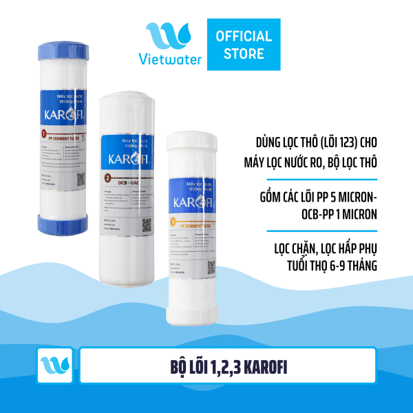  Bộ 3 lõi số 123 máy lọc nước Karofi (lõi PP 5 micron-OCB-PP 1 micron) - dùng cho tất cả máy lọc nước RO (Kangaroo Karofi Geyser Mutosi Daikiosan Sunhouse) 