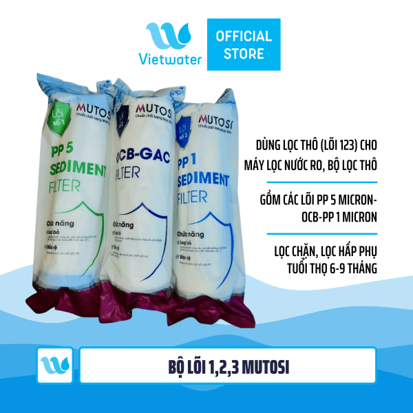  Bộ 3 lõi số 123 máy lọc nước Mutosi (lõi PP 5 micron-OCB-PP 1 micron) - dùng cho tất cả máy lọc nước RO (Kangaroo Karofi Geyser Mutosi Daikiosan Sunhouse) 