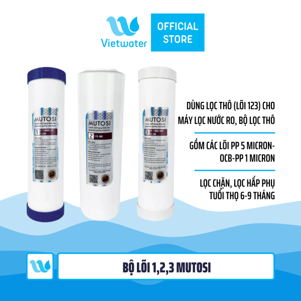  Bộ 3 lõi số 123 máy lọc nước Mutosi (lõi PP 5 micron-OCB-PP 1 micron) - dùng cho tất cả máy lọc nước RO (Kangaroo Karofi Geyser Mutosi Daikiosan Sunhouse) 