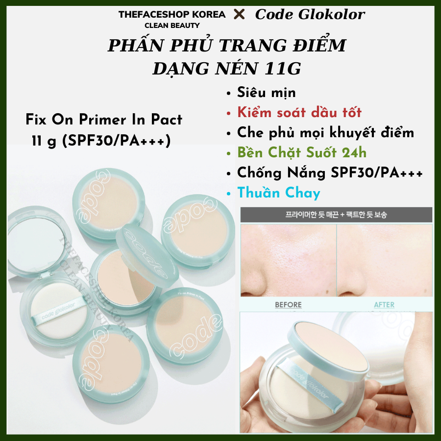  [Hàng Công Ty] Phấn phủ trang điểm dạng nén siêu mịn kiềm dầu Code Glokolor Fix-on Primer in Pact 11g 