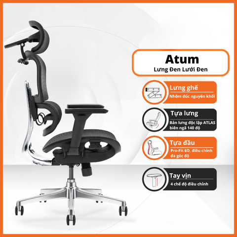 Ghế Công Thái Học Atum Màu Đen Lưng Hợp Kim Nhôm, Tựa Đầu 6D