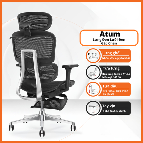 Ghế Công Thái Học Atum Màu Đen Lưng Hợp Kim Nhôm, Tựa Đầu 6D