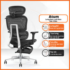 Ghế Công Thái Học Atum Màu Đen Lưng Hợp Kim Nhôm, Tựa Đầu 6D