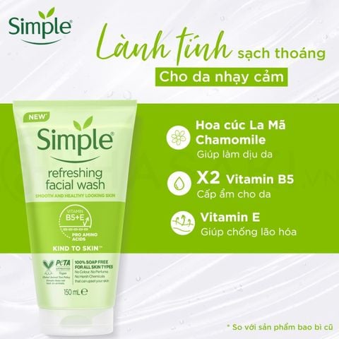 Sữa rửa mặt dịu da kích ứng, nhạy cảm Simple Kind To Skin Refreshing Facial Wash Gel 150ml