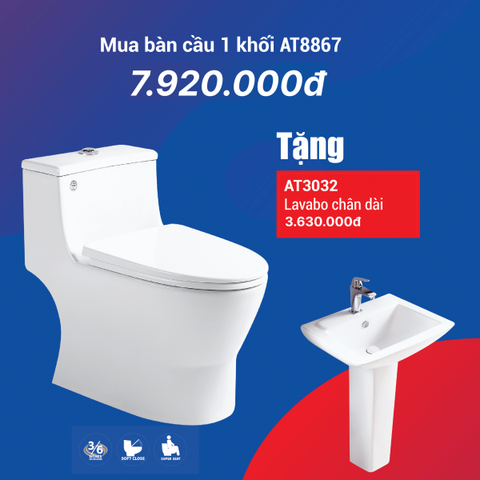  Combo Bồn Cầu 1 khối AT8867 + Lavabo chân dài AT3032 