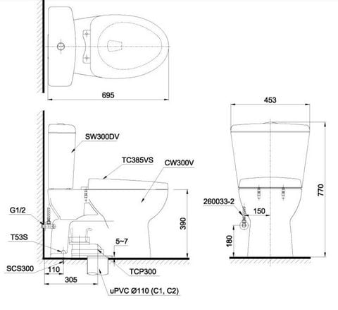  Bồn cầu 2 khối TOTO-C300Y1 