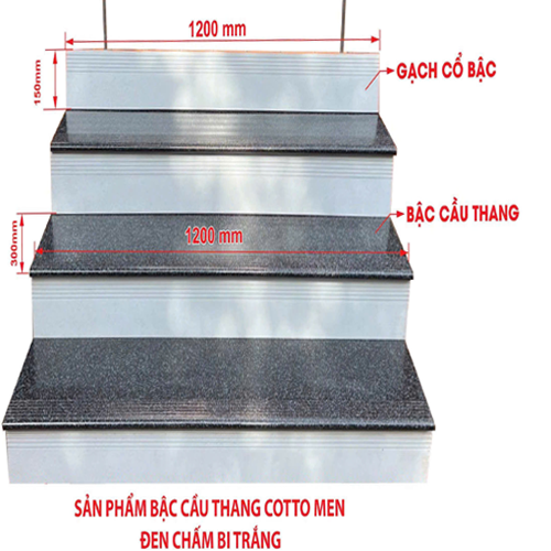 Gạch ốp lát cầu thang giả đá hoa cương chấm bi phối cổ bậc trắng