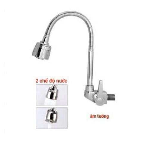  Vòi rửa chén lạnh âm tường cần mềm đồng thau mạ crome (2 chế độ nước) KS - 2343 