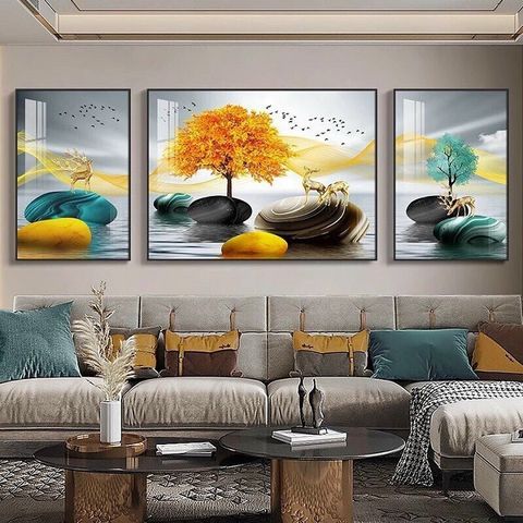  Tranh đính đá hươu đứng trên đá cuội và cây tuần lộc vàng TGH - 10694 